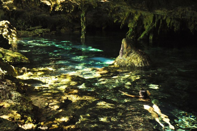 Girl swimming in dappled cenote