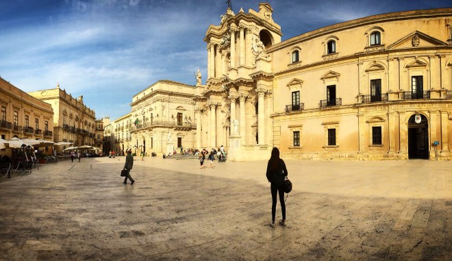 Girl in piazza duomo Italy, Syracuse