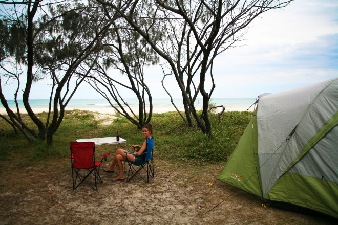 Girl in front of tent on Fraser Island